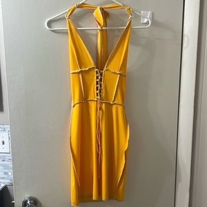 Mustard yellow self tie halter dress